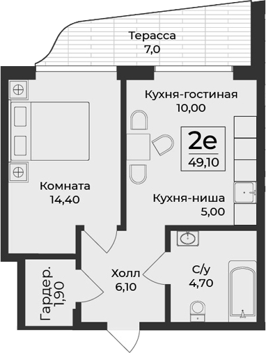 Планировка — Нега, 2-комн., 42 м²