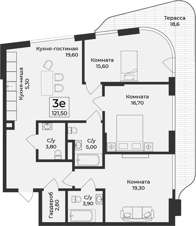 Планировка — Нега, 4-комн., 103 м²