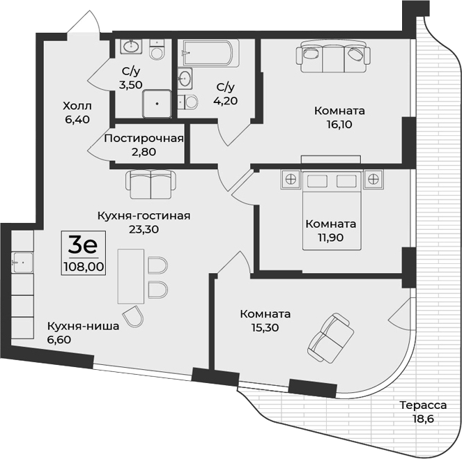 Планировка — Нега, 4-комн., 89 м²