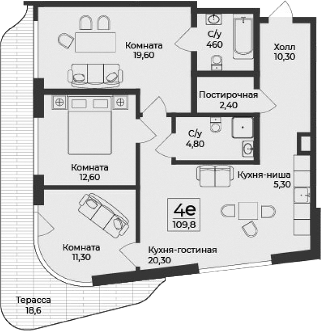 Планировка — Нега, 4-комн., 91 м²