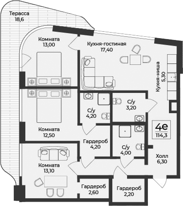 Планировка — Нега, 4-комн., 96 м²