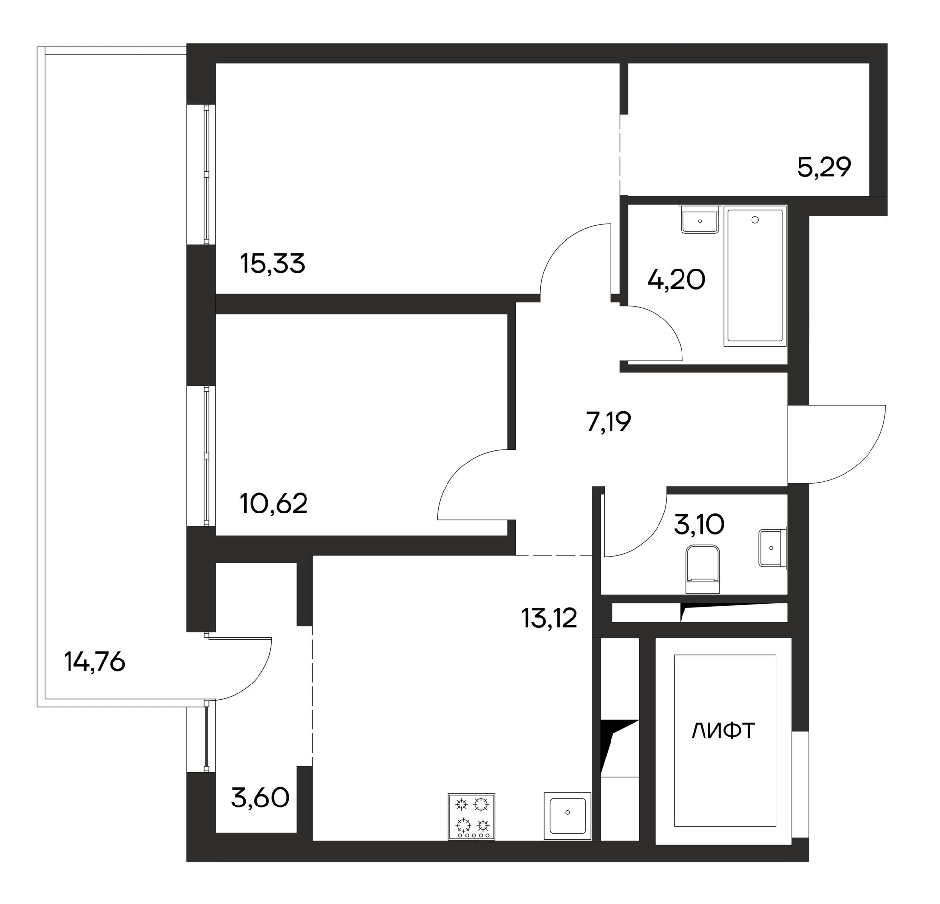 Планировка — Листория, 2-комн., 59 м²