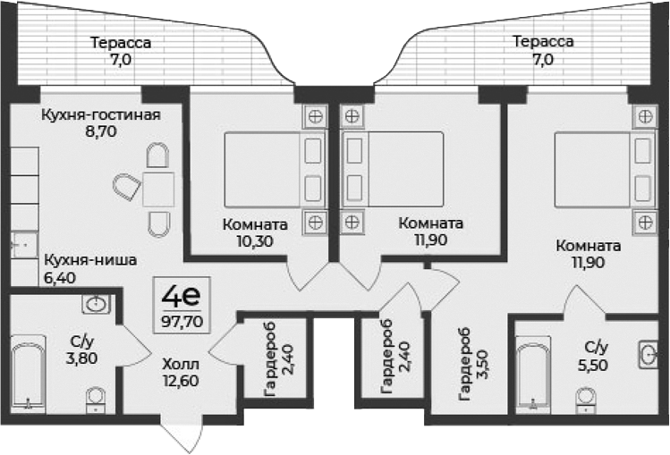 Планировка — Нега, 4-комн., 84 м²
