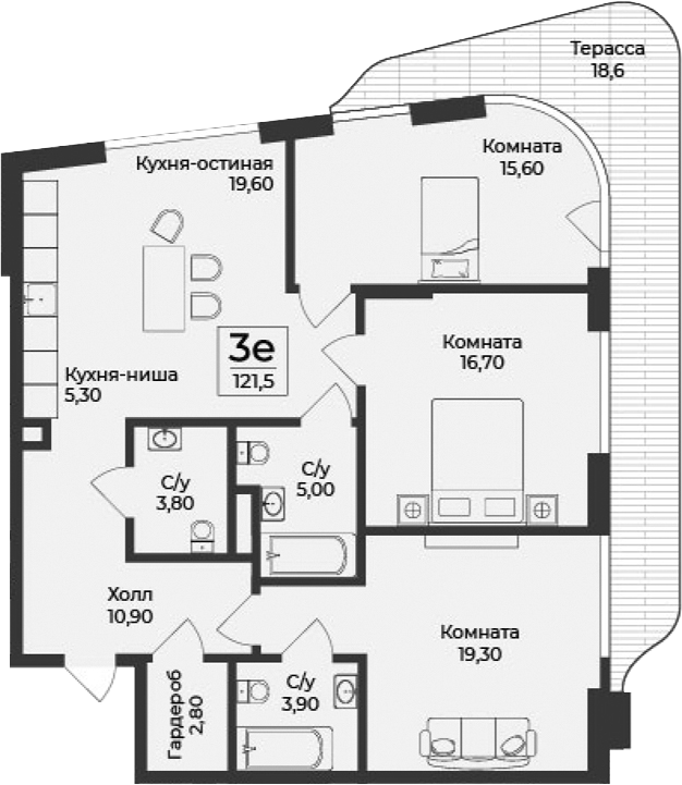 Планировка — Нега, 4-комн., 103 м²