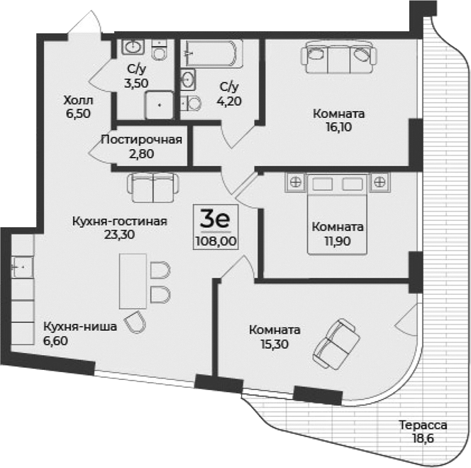 Планировка — Нега, 4-комн., 89 м²