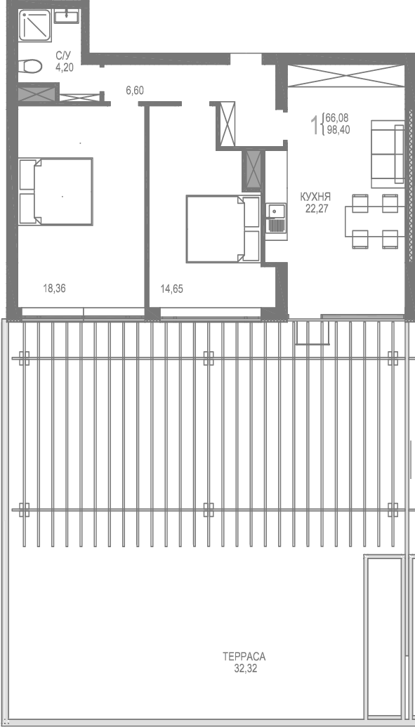 Планировка — Лучистое, 2-комн., 66 м²