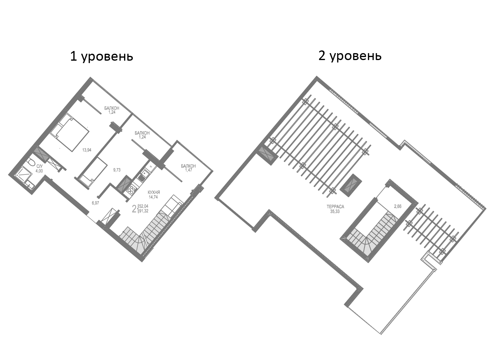 Планировка — Лучистое, 2-комн., 52 м²