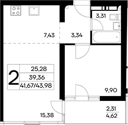 Планировка — Лучистое, 2-комн., 42 м²