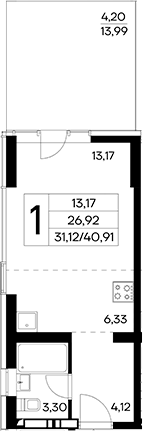 Планировка — Лучистое, Студия, 37 м²