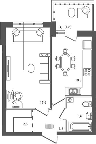 Планировка — Сиреневый бульвар, 1-комн., 36 м²