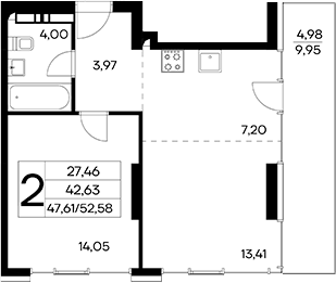 Планировка — Лучистое, 2-комн., 48 м²