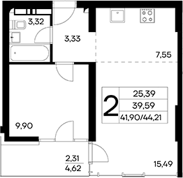 Планировка — Лучистое, 2-комн., 42 м²