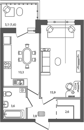 Планировка — Сиреневый бульвар, 1-комн., 36 м²