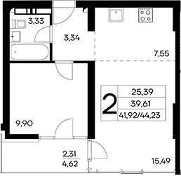 Планировка — Лучистое, 2-комн., 42 м²