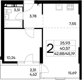 Планировка — Лучистое, 2-комн., 43 м²