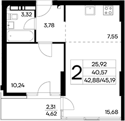 Планировка — Лучистое, 2-комн., 43 м²
