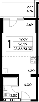 Планировка — Лучистое, Студия, 29 м²