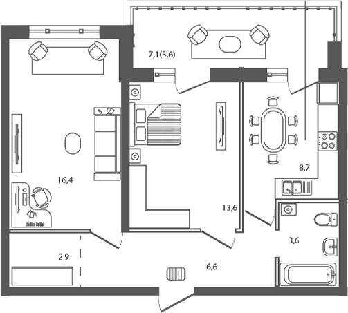 Планировка — Сиреневый бульвар, 2-комн., 54 м²