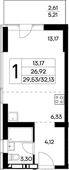Планировка — Лучистое, Студия, 30 м²