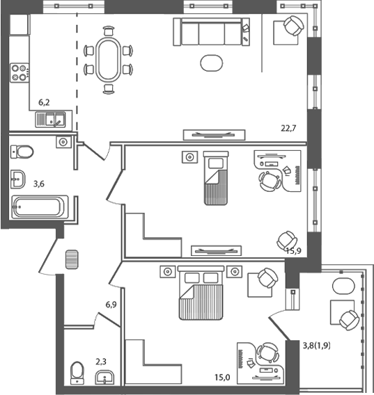 Планировка — Сиреневый бульвар, 3-комн., 73 м²