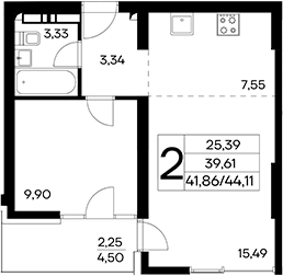 Планировка — Лучистое, 2-комн., 42 м²