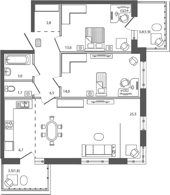 Планировка — Сиреневый бульвар, 3-комн., 74 м²