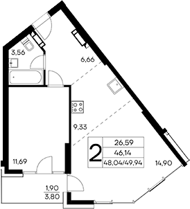 Планировка — Лучистое, 1-комн., 48 м²