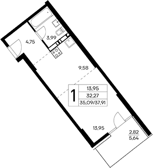 Планировка — Лучистое, Студия, 35 м²