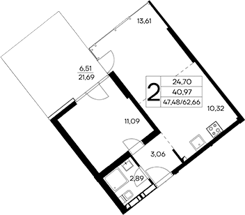 Планировка — Лучистое, 1-комн., 56 м²