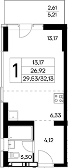 Планировка — Лучистое, Студия, 30 м²