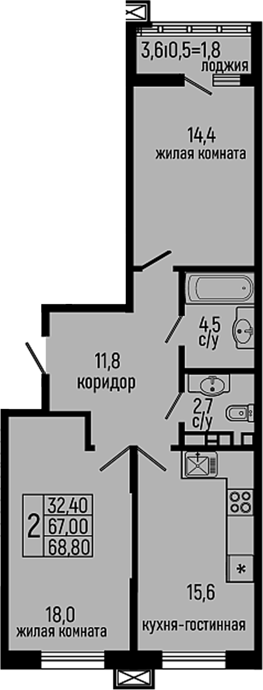 Планировка — Звезды, 2-комн., 67 м²