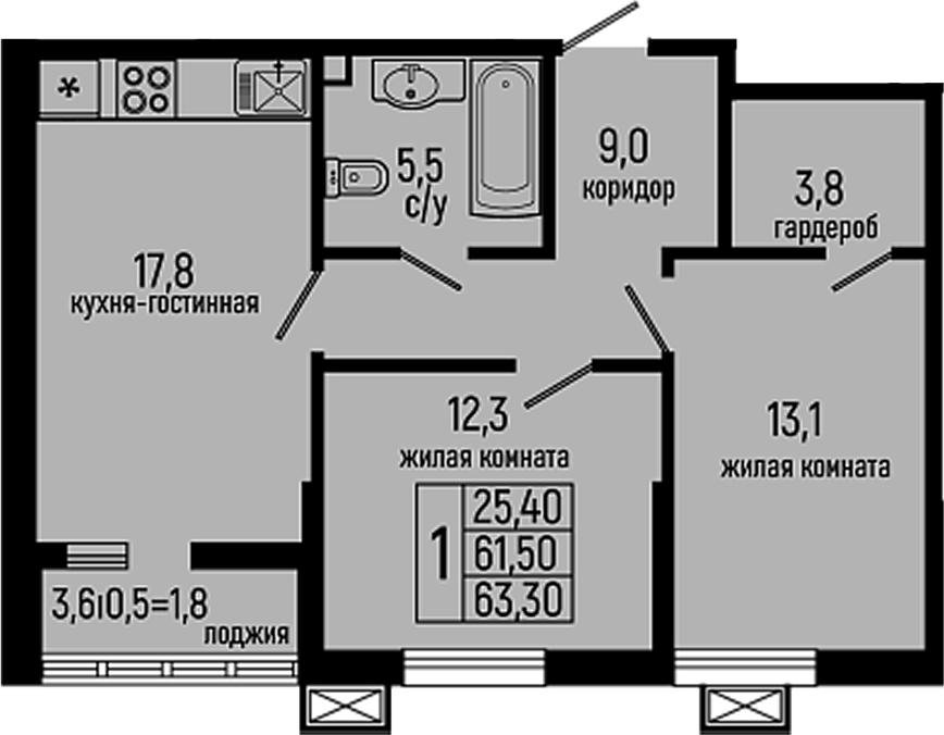 Планировка — Звезды, 2-комн., 62 м²