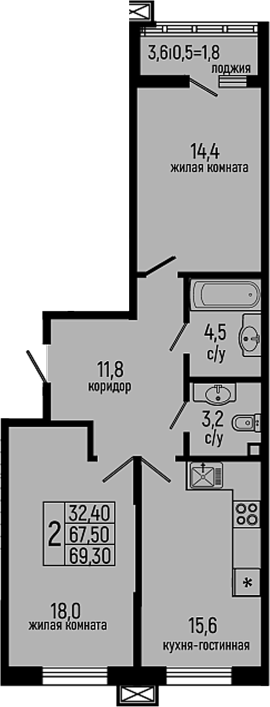 Планировка — Звезды, 2-комн., 68 м²