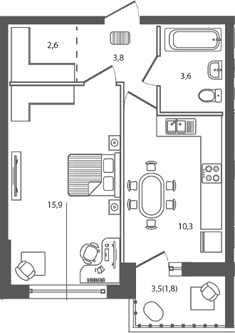 Планировка — Сиреневый бульвар, 1-комн., 36 м²