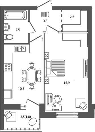 Планировка — Сиреневый бульвар, 1-комн., 36 м²