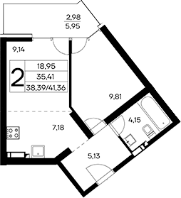 Планировка — Лучистое, 1-комн., 38 м²