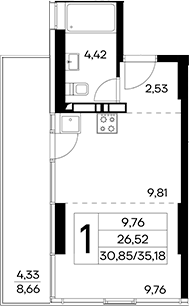 Планировка — Лучистое, Студия, 31 м²