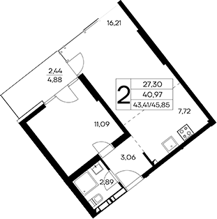Планировка — Лучистое, 1-комн., 43 м²