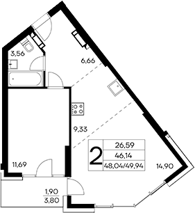 Планировка — Лучистое, 1-комн., 48 м²