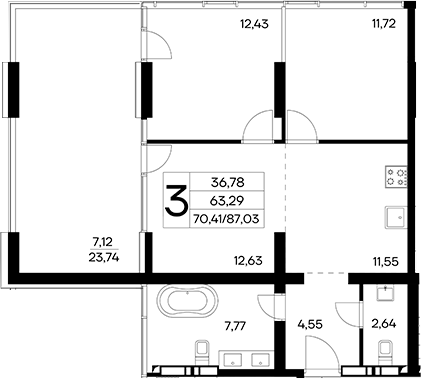 Планировка — Лучистое, 3-комн., 80 м²