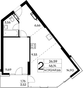 Планировка — Лучистое, 1-комн., 46 м²