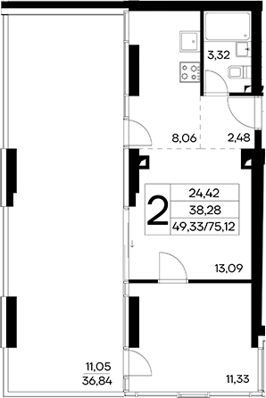 Планировка — Лучистое, 2-комн., 64 м²