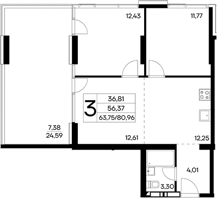 Планировка — Лучистое, 3-комн., 74 м²