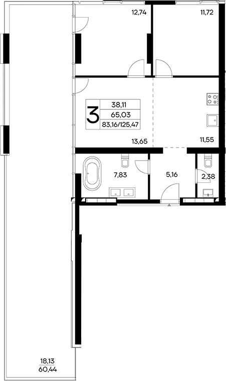 Планировка — Лучистое, 3-комн., 107 м²