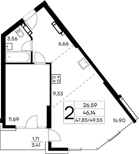 Планировка — Лучистое, 1-комн., 48 м²