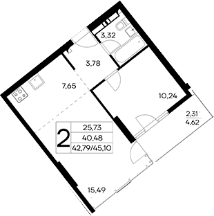 Планировка — Лучистое, 2-комн., 43 м²