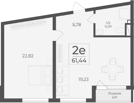 Планировка — Чайка, 2-комн., 59 м²