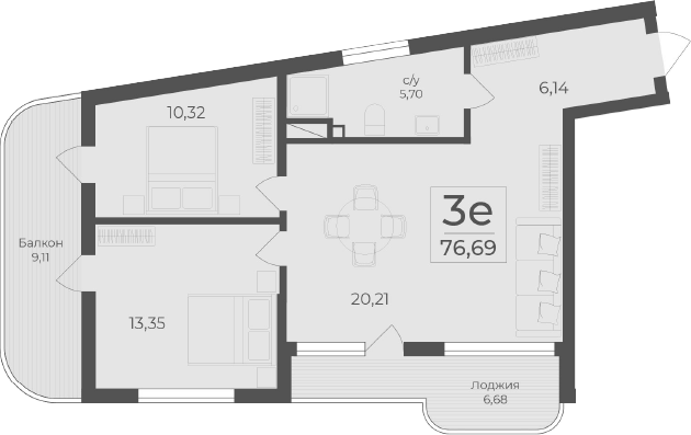 Планировка — Чайка, 3-комн., 61 м²