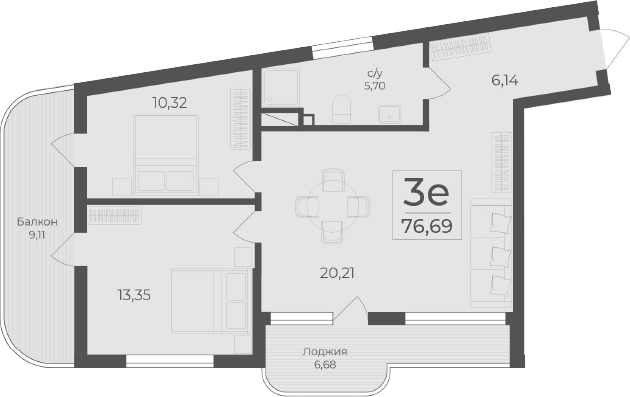 Планировка — Чайка, 3-комн., 61 м²