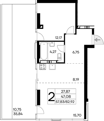 Планировка — Лучистое, 1-комн., 72 м²